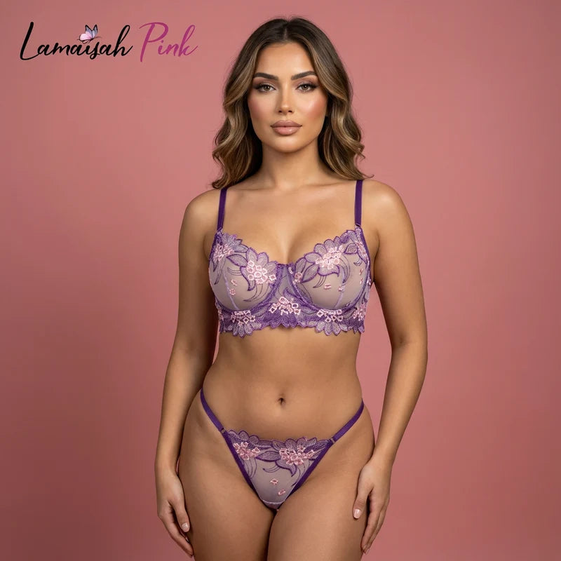 Purple Embroidered Net Bra Set