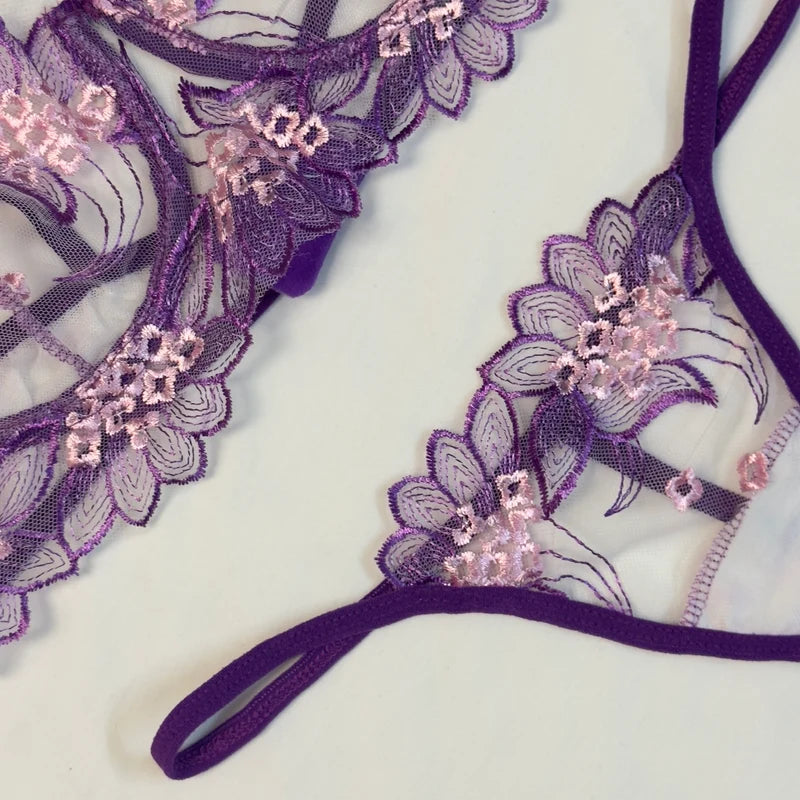 Purple Embroidered Net Bra Set
